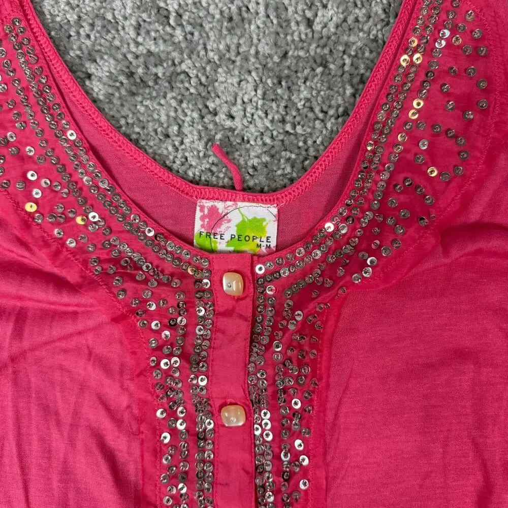 Free People Womens Medium Pink Mini Dress Tank Silk Cotton‎ Beaded Scoop Neck